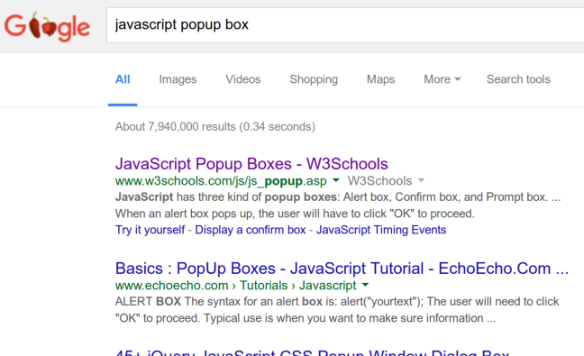 List of search results for the query 'javascript popup box'